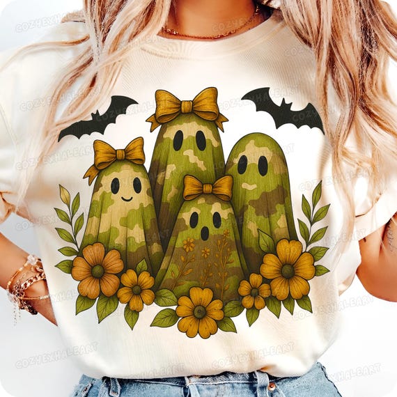 Green Camo Ghost PNG: Floral Bow Patchwork Boo Clipart (Digital Download