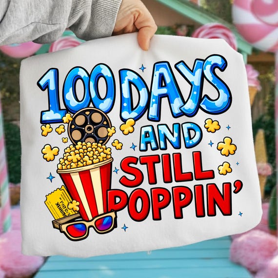 Retro Popcorn 100 Days School PNG Digital File for Sublimation, Funny Classroom Decor Teacher Student Achievement Graphic Art
