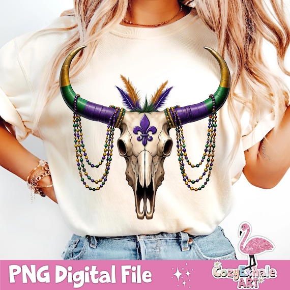 Mardi Gras Bull Skull PNG: Fleur de Lis, Beads, Crawfish (Digital Download)