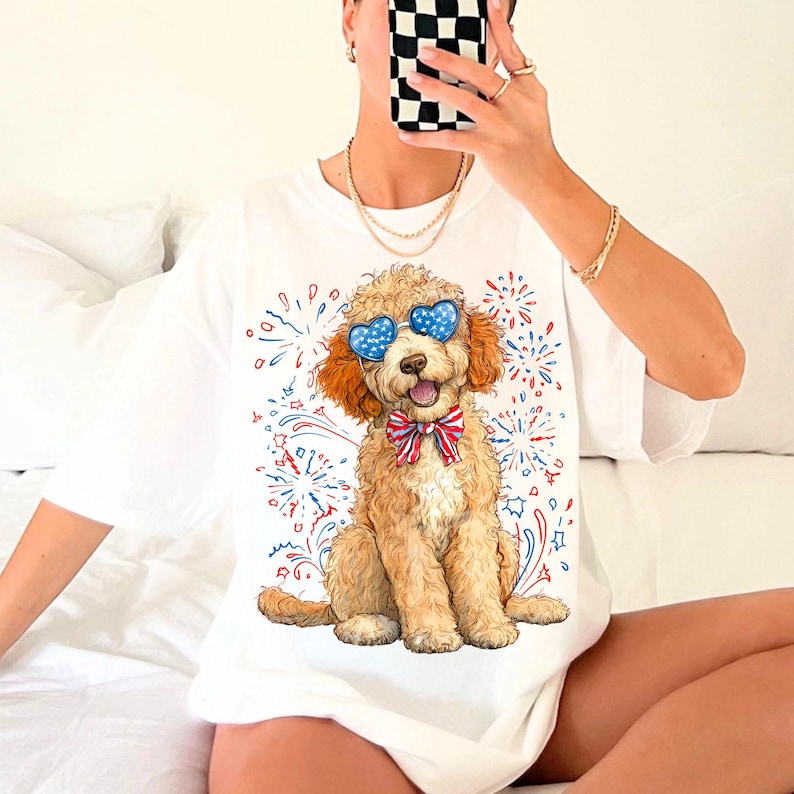 Goldendoodle Patriotic PNG, Fourth of July Dog Clipart, USA Dog Digital Illustration, Red White Blue Bow, Retro 4th of July Sublimation