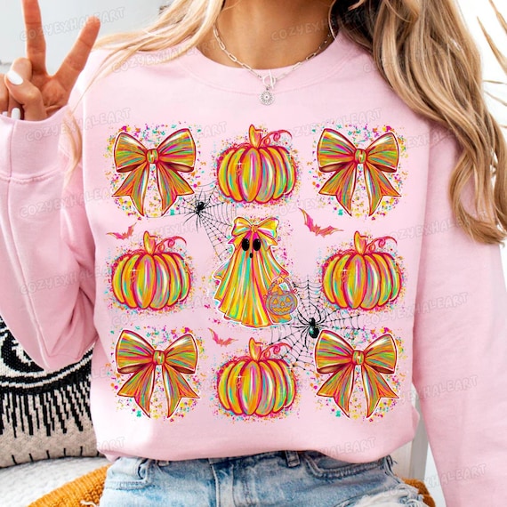 Coquette Ghost Pumpkin PNG: Preppy Halloween Sublimation Design with Leopard Print and Glitter Bows