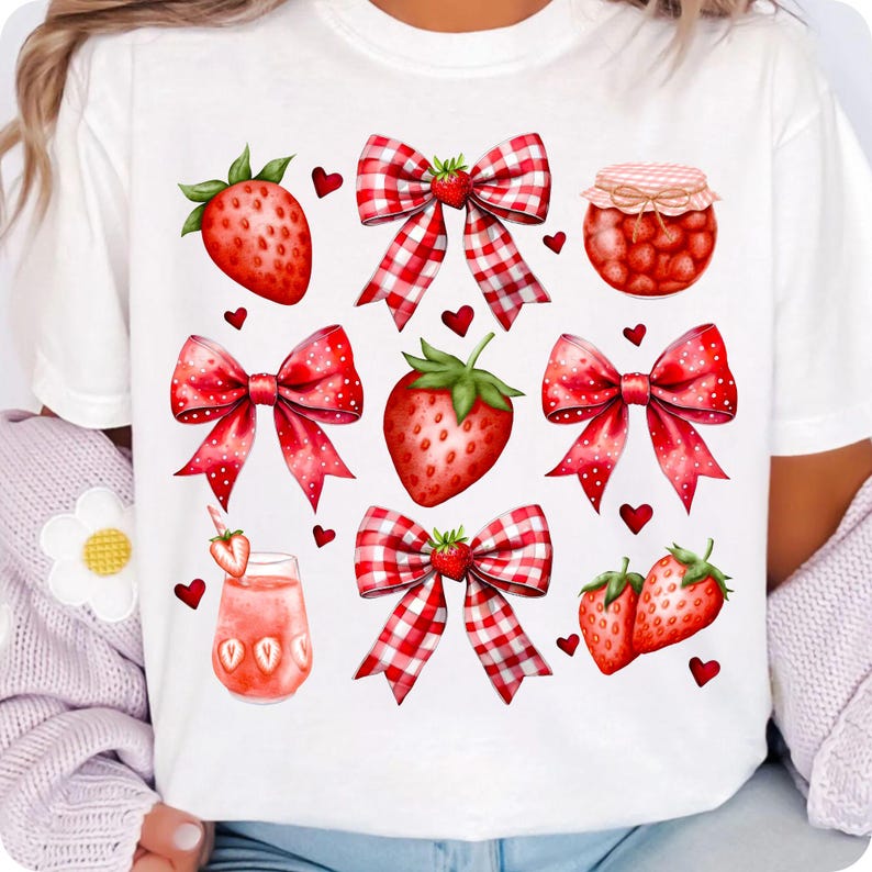 Adorn your summer designs with this Coquette Strawberry PNG! Features glittery strawberries, floral accents & a preppy bow—perfect for girly tees, strawberry festival outfits, or cute mama shirts. A charming pick for summer vibes & cottagecore dreams!
