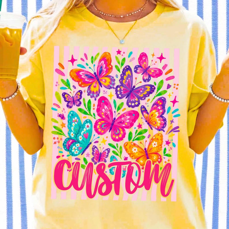 T-shirt mockup showcasing the Custom Name Butterfly Mama design with neon wildflowers and a striped background, ready for sublimation.