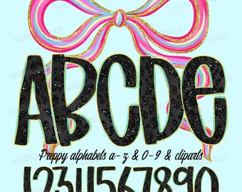 Preppy Leopard Glitter Alphabet PNG: Bow Clipart, Coquette Font (Digital Download