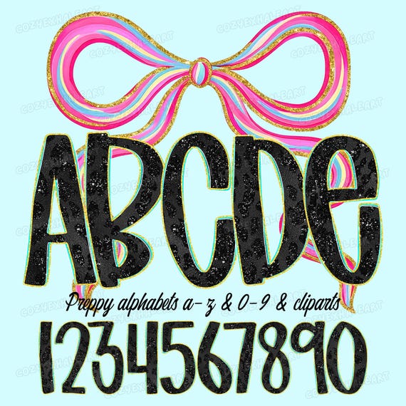 Preppy Leopard Glitter Alphabet PNG: Bow Clipart, Coquette Font (Digital Download