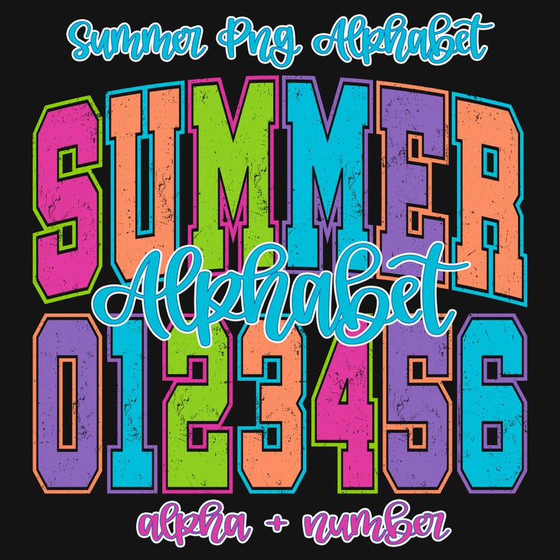 Retro Summer Varsity School Alphabet PNG Bundle showing distressed collegiate letters and numbers.