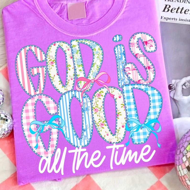 A collection of mockups showcasing the 'God Is Good All The Time' preppy boho Christian PNG design on various items including a t-shirt, tumbler, and phone case.