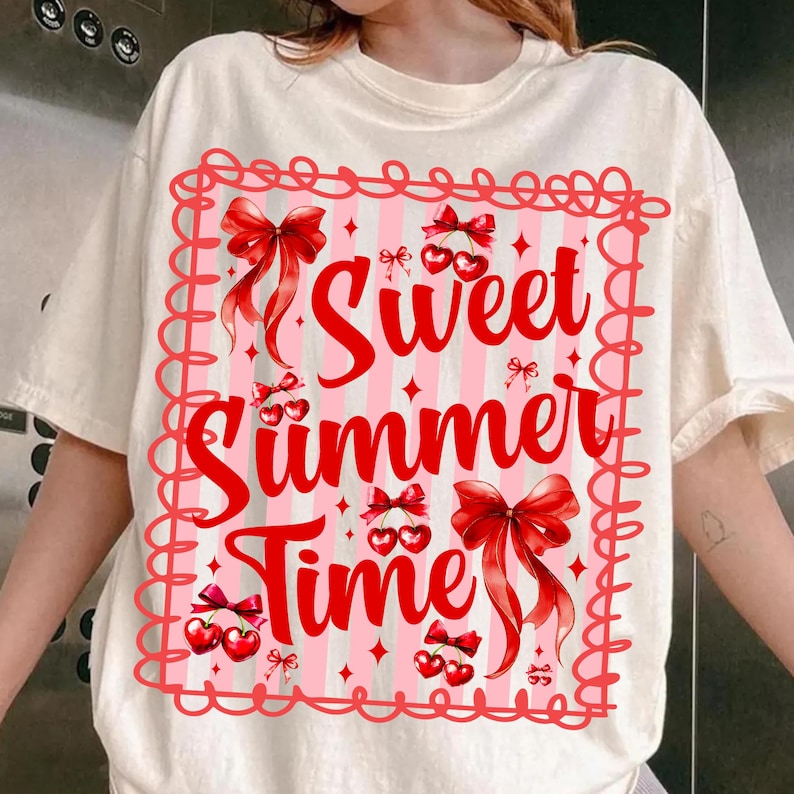 Vibrant Striped Cherry Coquette PNG design showcasing retro pink stripes and detailed cherry graphics.