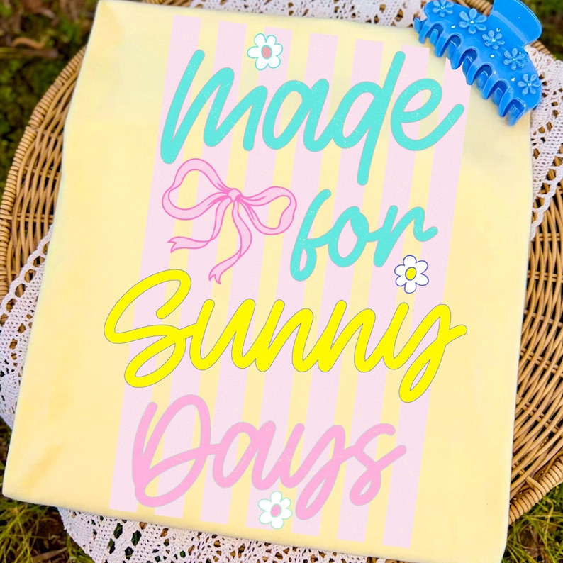 Striped Made for Sunny Days PNG design featuring a pink bow and floral accents on a beach-themed background.