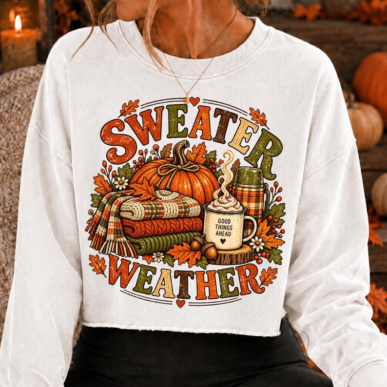 Sweater Weather Pumpkin Autumn PNG design printed on a rustic fall mug