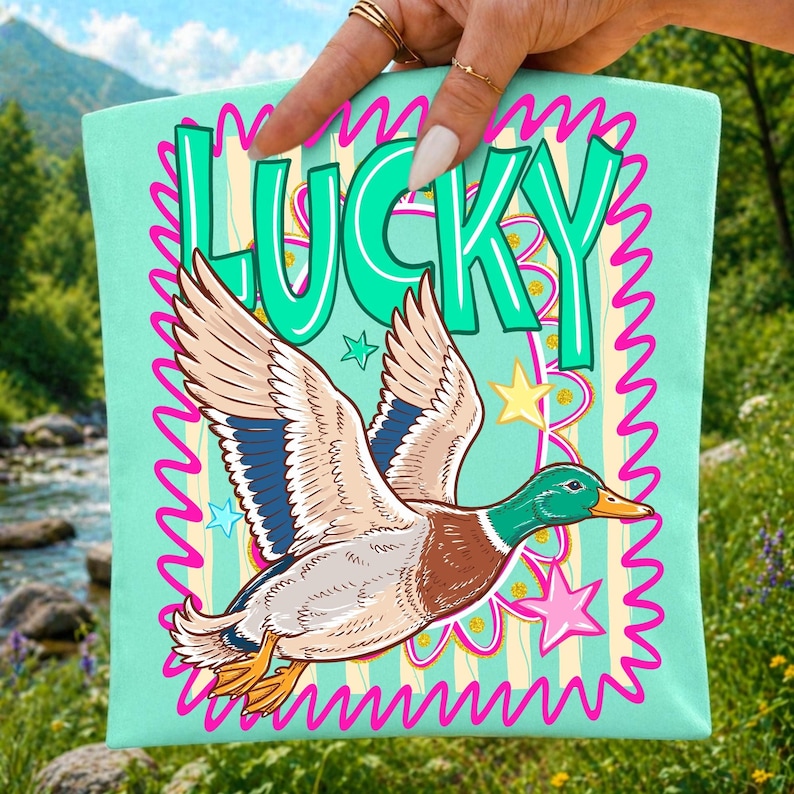Retro Preppy Lucky Duck Mallard PNG Design in Teal and Pink