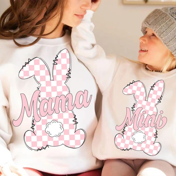 Retro Checkered Bunny: Mama Mini Easter PNG (Digital Download)