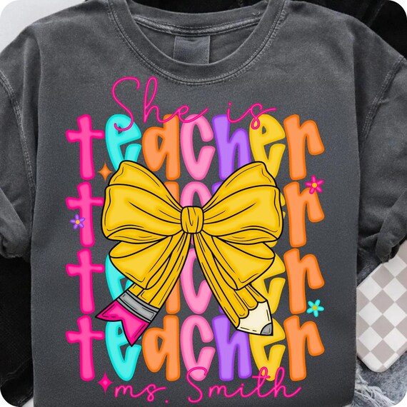 Retro Teacher PNG: Groovy Floral Bow Design (Digital Download)