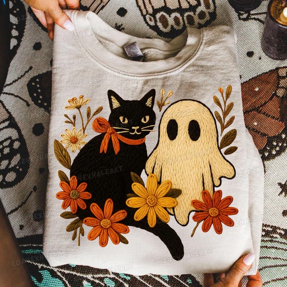 Vintage Halloween Ghost Cat PNG: Boho Floral Pumpkin Clipart (Digital Download
