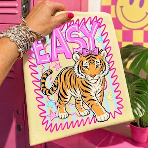 easy tiger png, preppy designs, pink bow tiger, summer vibes png, snarky png, doodle design, sublimation png, boutique png, girly shirt design, tiger cub png, coastal preppy, coquette aesthetic, hand drawn doodle