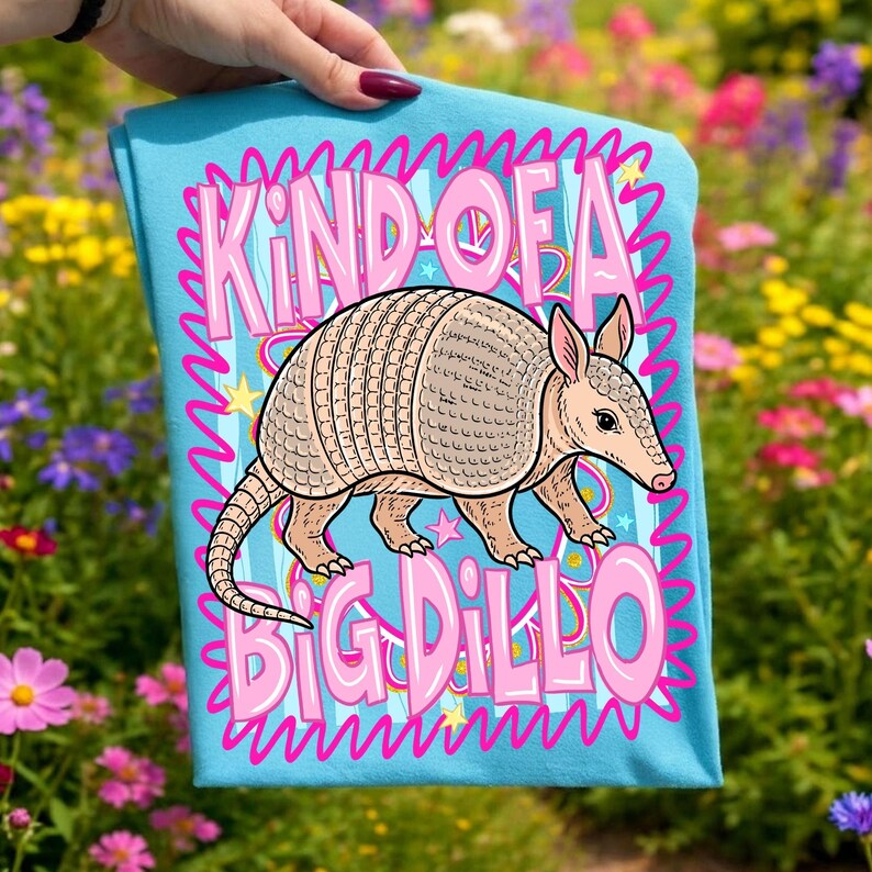 May include: A light blue t-shirt with a cartoon armadillo and the pink text "KIND OF A BIG DILLO". The armadillo is tan and pink, with a detailed shell. The design is framed by a pink and blue wavy border.