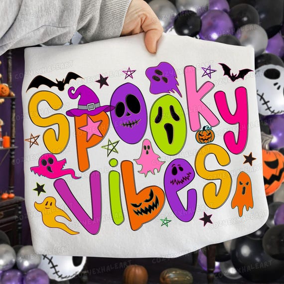 Retro Neon Ghost PNG: Preppy Halloween Shirt Design with Floral Pumpkin for Sublimation