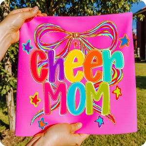 Cheer Mom PNG Shirt Sublimation Design Preppy Pink Cheerleader Coquette Bow Graphic Season Mom Clipart Retro Game Day Spirit Squad Gift