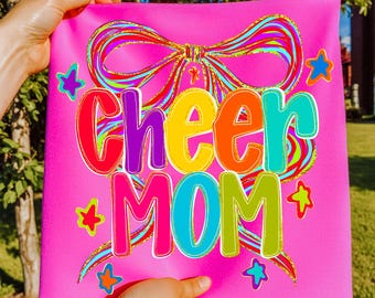 Cheer Mom PNG: Pink Coquette Bow, Retro Game Day Design (Digital Download