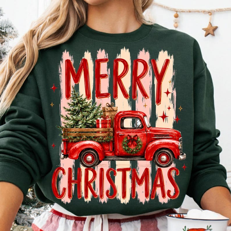A close-up of the vintage red Christmas truck with a tree in the back, showing distressed texture.