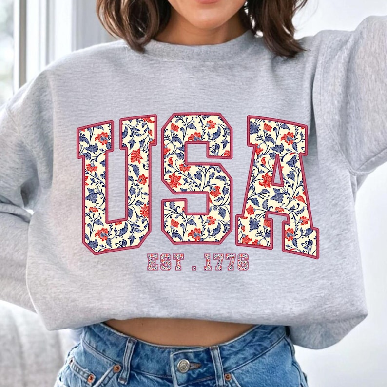 Floral USA PNG, Retro America 4th of July Sublimation, Girly Patriotic Shirt Design, America Coquette, Vintage USA Flag Digital