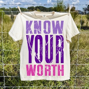 May include: Cream-colored t-shirt with the words "KNOW YOUR WORTH" in purple and pink block letters. The shirt is hanging on a clothesline outdoors, with a green field and blue sky in the background.