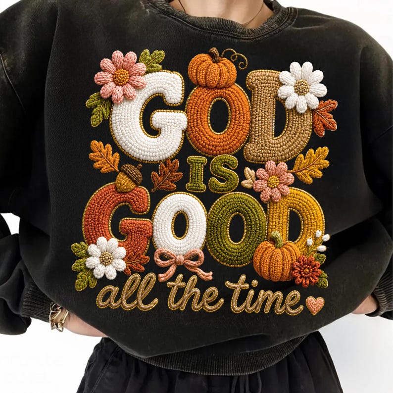 Close-up of the 'God Is Good All The Time' autumn pumpkin PNG design showcasing its detailed patchwork and chenille texture.
