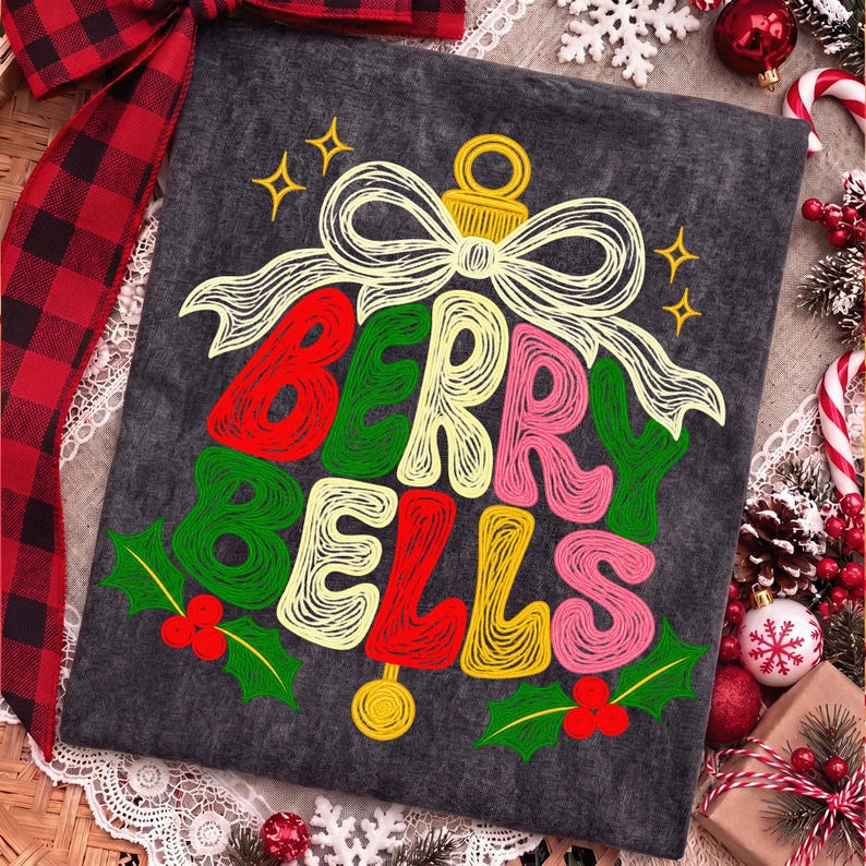 May include: A dark gray t-shirt featuring a graphic of a bell formed by the text BERRY BELLS in red, yellow, and pink, topped with a white bow and surrounded by green holly leaves and berries, with small yellow star accents.