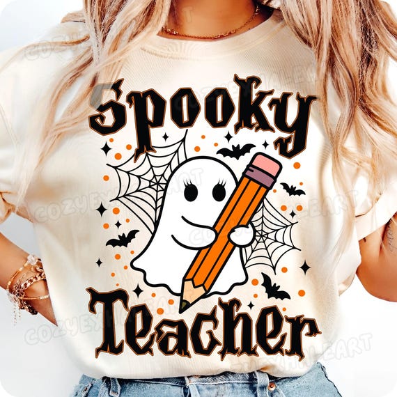 Retro Halloween Ghost Teacher PNG: Spooky Coquette Digital Download for Autumn School Vibes