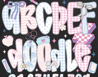 Retro Floral Alphabet PNG: Gingham Pastel Doodle Font, A-Z 0-9 (Digital Download)