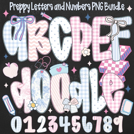 Retro Floral Alphabet PNG: Gingham Pastel Doodle Font, A-Z 0-9 (Digital Download)
