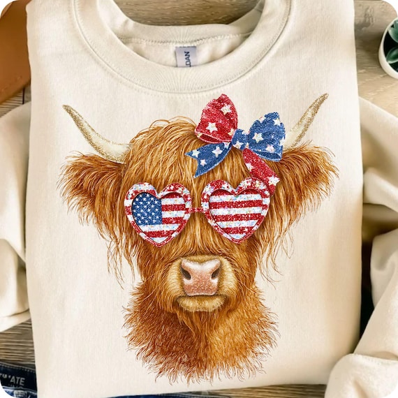 Patriotic Highland Cow PNG: 4th of July USA Flag (Digital Download)
