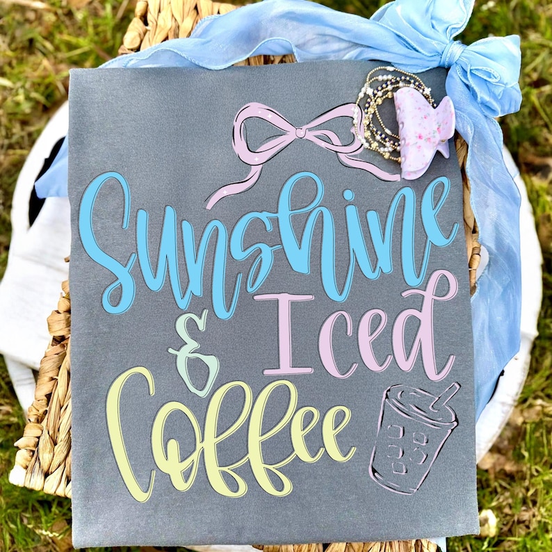 Image of Sunshine & Iced Coffee PNG Pink Coquette Bow Summer Shirt Design Coastal Beach Sublimation Beach Mama Lake Life Mom Summer Era DTF File