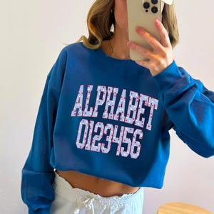 K&ouml;nnte beinhalten: Ein blaues, kurz geschnittenes Sweatshirt mit langen &Auml;rmeln. Auf der Vorderseite stehen die W&ouml;rter "ALPHABET" und die Zahlen "0123456" in Hellblau mit roten und wei&szlig;en Punkten. Ein l&auml;ssiges Kleidungsst&uuml;ck.