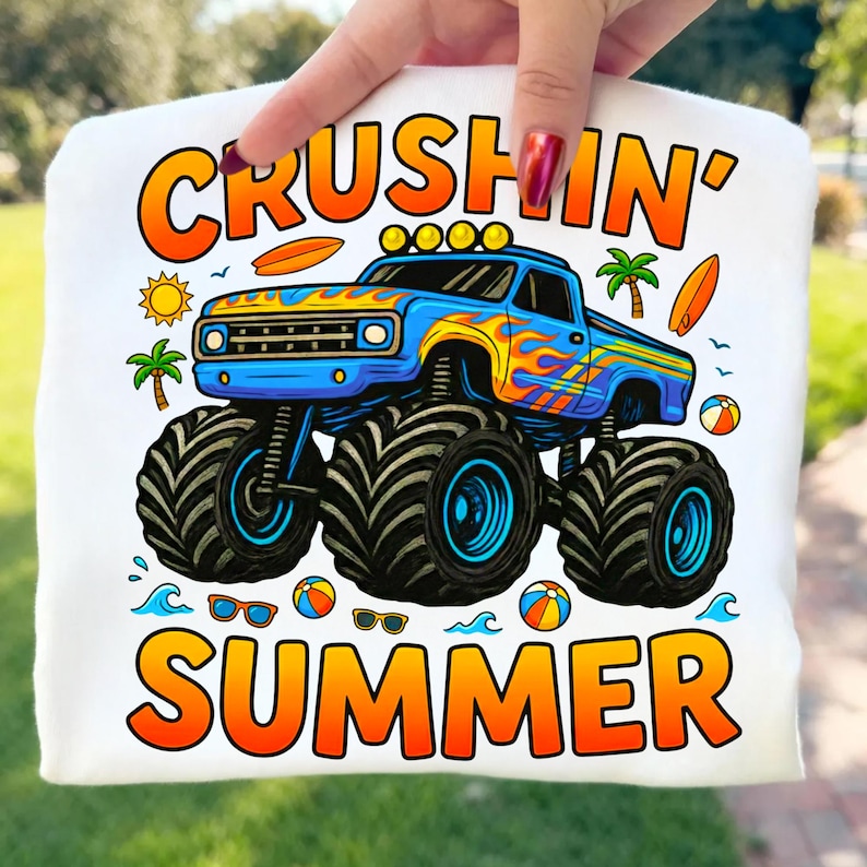 Turquoise Monster Truck Crushin Summer PNG Design on T-Shirt Mockup