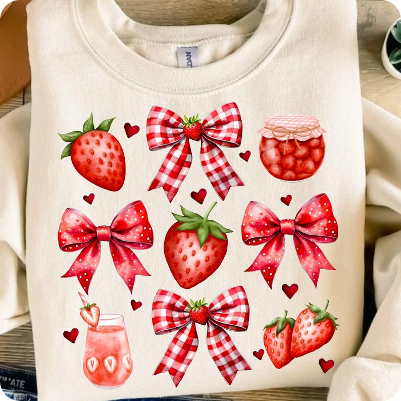 Adorn your summer designs with this Coquette Strawberry PNG! Features glittery strawberries, floral accents & a preppy bow—perfect for girly tees, strawberry festival outfits, or cute mama shirts. A charming pick for summer vibes & cottagecore dreams!