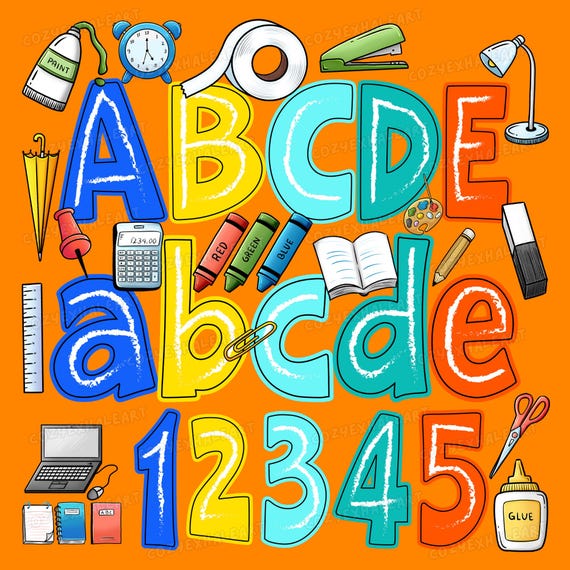 Chalk Font Alphabet PNG Bundle: School Clipart, Letters & Numbers (Digital Download)