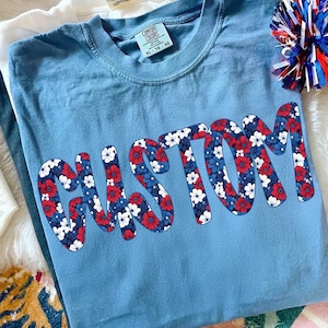 4th of July Custom Name PNG Personalized Ditsy Floral Independence Day Sublimation Design Patriotic Mom DTF File Red White Blue Preppy