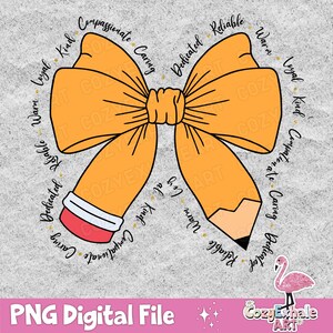 May include: An orange bow with a pencil drawn through the centre. The bow is surrounded by a circle of words describing positive character traits, including "compassionate", "caring", "dedicated", "reliable", "warm", "loyal", and "kind".