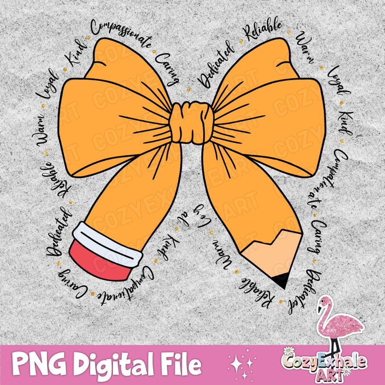 May include: An orange bow with a pencil drawn through the centre. The bow is surrounded by a circle of words describing positive character traits, including "compassionate", "caring", "dedicated", "reliable", "warm", "loyal", and "kind".