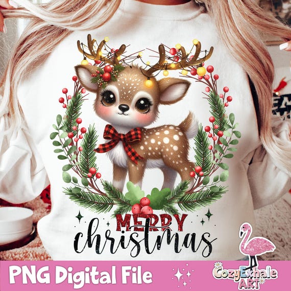 Merry Christmas Reindeer PNG: Holiday Wreath (Digital Download)