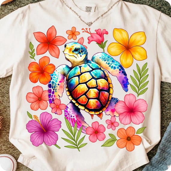 Boho Floral Sea Turtle PNG Clipart: Summer Beach Digital Download for Girly Nautical Designs