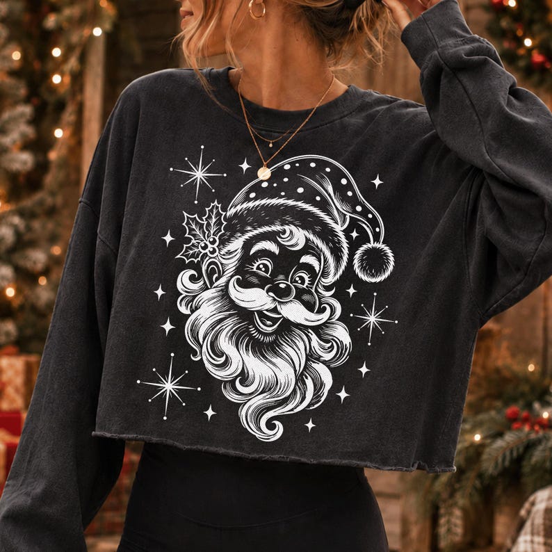 Vintage Santa Claus PNG, Cute Christmas Face with Polka Dot Hat, White Engraving Style Holiday Shirt Design