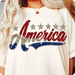 Faux Rhinestone America PNG, Coquette 4th of July Design, Red White Blue Girly USA Sublimation, Patriotic Memorial Day Shirt PNG