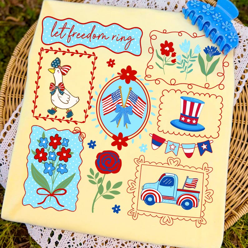 May include: A yellow decorative pillow with patriotic illustrations, including a goose, American flags, flowers, a top hat, and a truck. The phrase "let freedom ring" is written across the top. A blue hair clip is in the upper right corner.