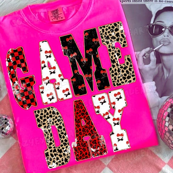 Retro Gameday Football Mom Shirt PNG: Leopard, Checker, Cherry Pattern Digital Download