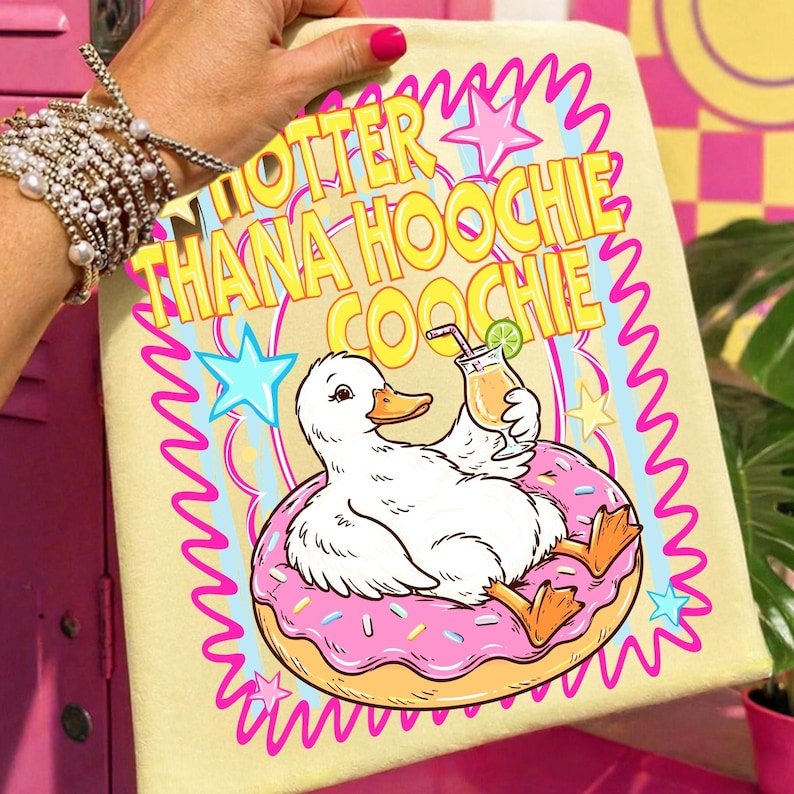 Image of Hotter Than A Hoochie Coochie PNG Goose Pool Float Sublimation Summer Cocktail Design Beach Vacation Shirt Pink Donut Float Digital Download