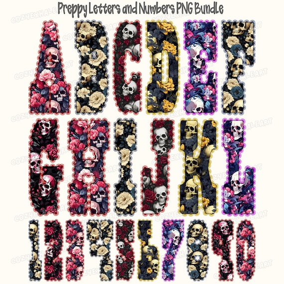 Skeleton Floral Alphabet PNG Bundle – Gothic Halloween Letters and Numbers, 7 Color Sets, Digital Sublimation Clipart, Preppy Skull Font