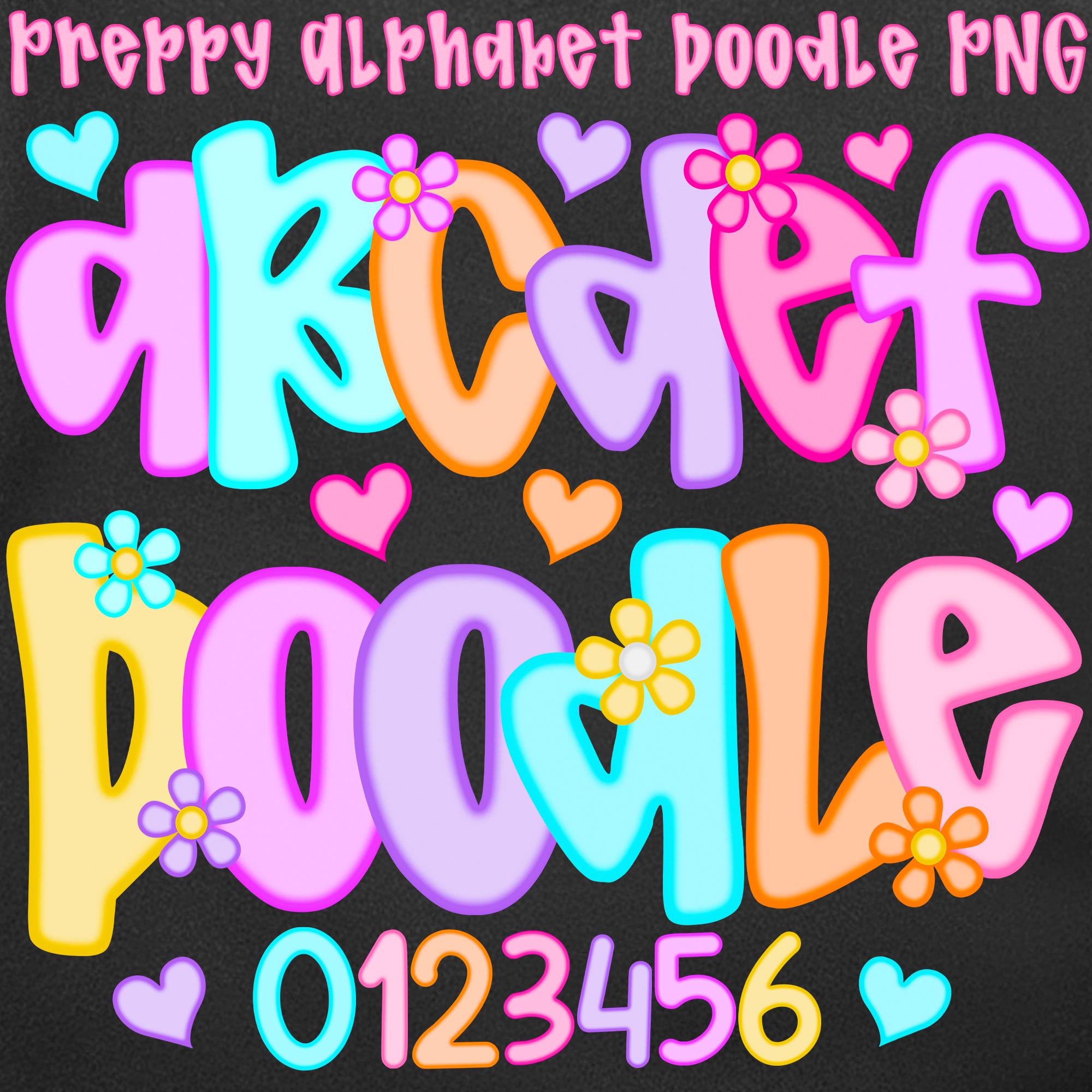 Preppy Letters & Numbers PNG Bundle, 7 Colors Doodle Alphabet Clipart, Colorful A-Z a-z 0-9 Font, Teacher Back to School Sublimation Set.