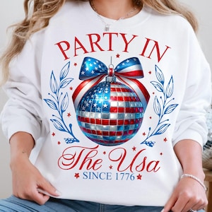 Coquette 4th of July PNG, Party in the USA, American Girly PNG, Disco Ball Png, Patriotic Sublimation, Memorial Day Gift, USA Flag Design